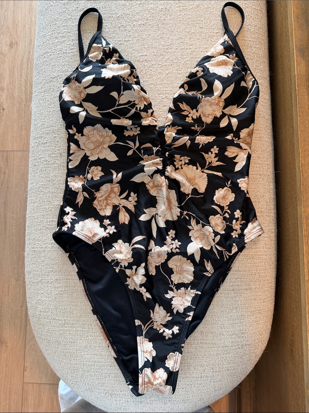 Black Floral One-Piece Swimsuit with Cream Flowers